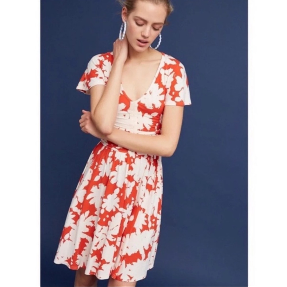Anthropologie Maeve Summer Breeze Dress Floral Hook & Eye Ruched V-neck